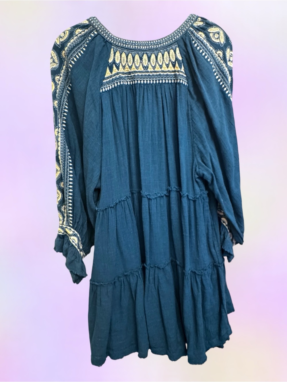 Free People Teal Dreamweaver Embroidered Flowy Tunic Top / Dress - Sz Large EUC - Picture 7 of 11